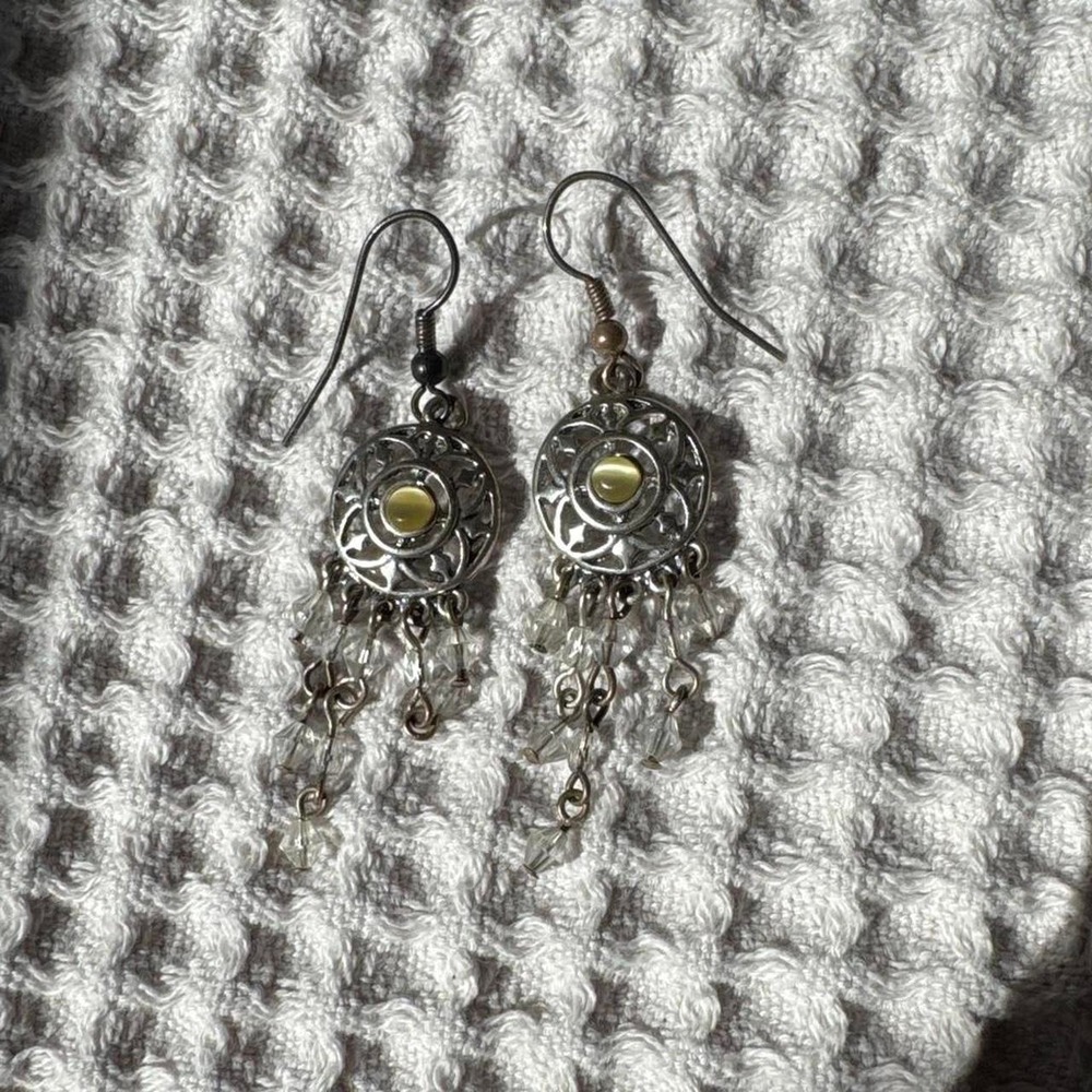Vintage style silver catseye chandelier earrings with beads